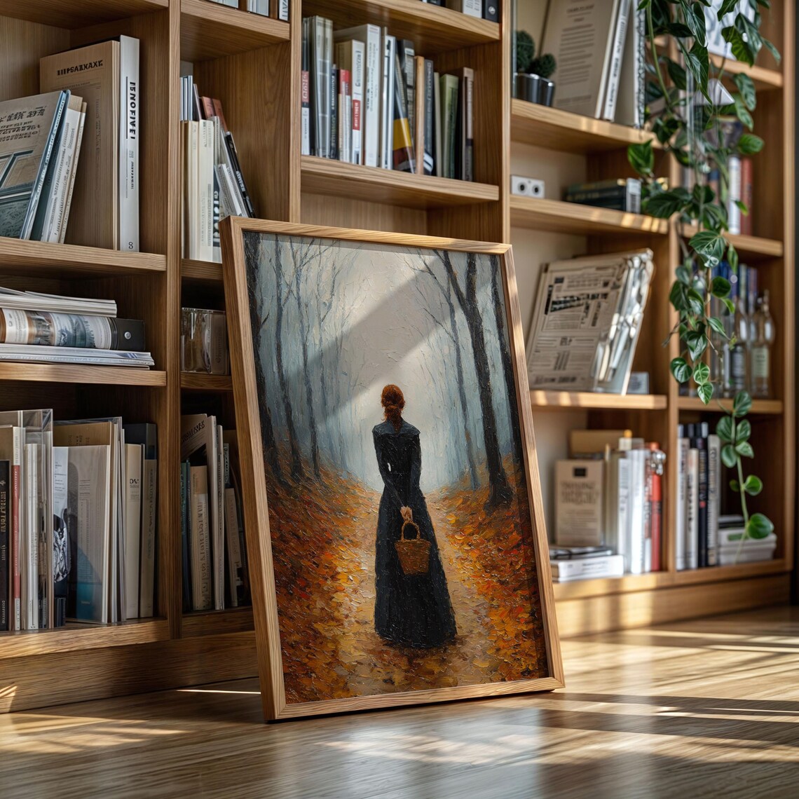 Woman In Black Dress Poster Walking Through Autumn Forest Path