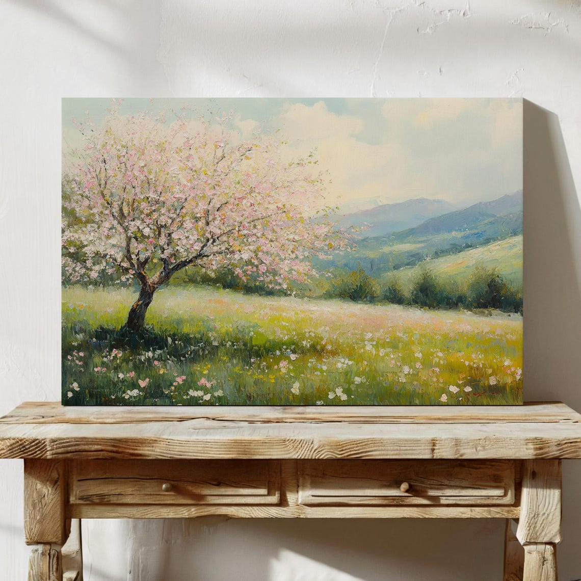 Beautiful Blooming Tree Landscape Wall Art Wall Art Featuring Vibrant Fields And Scenic Mountain Views For Hangable Decor - Image 5