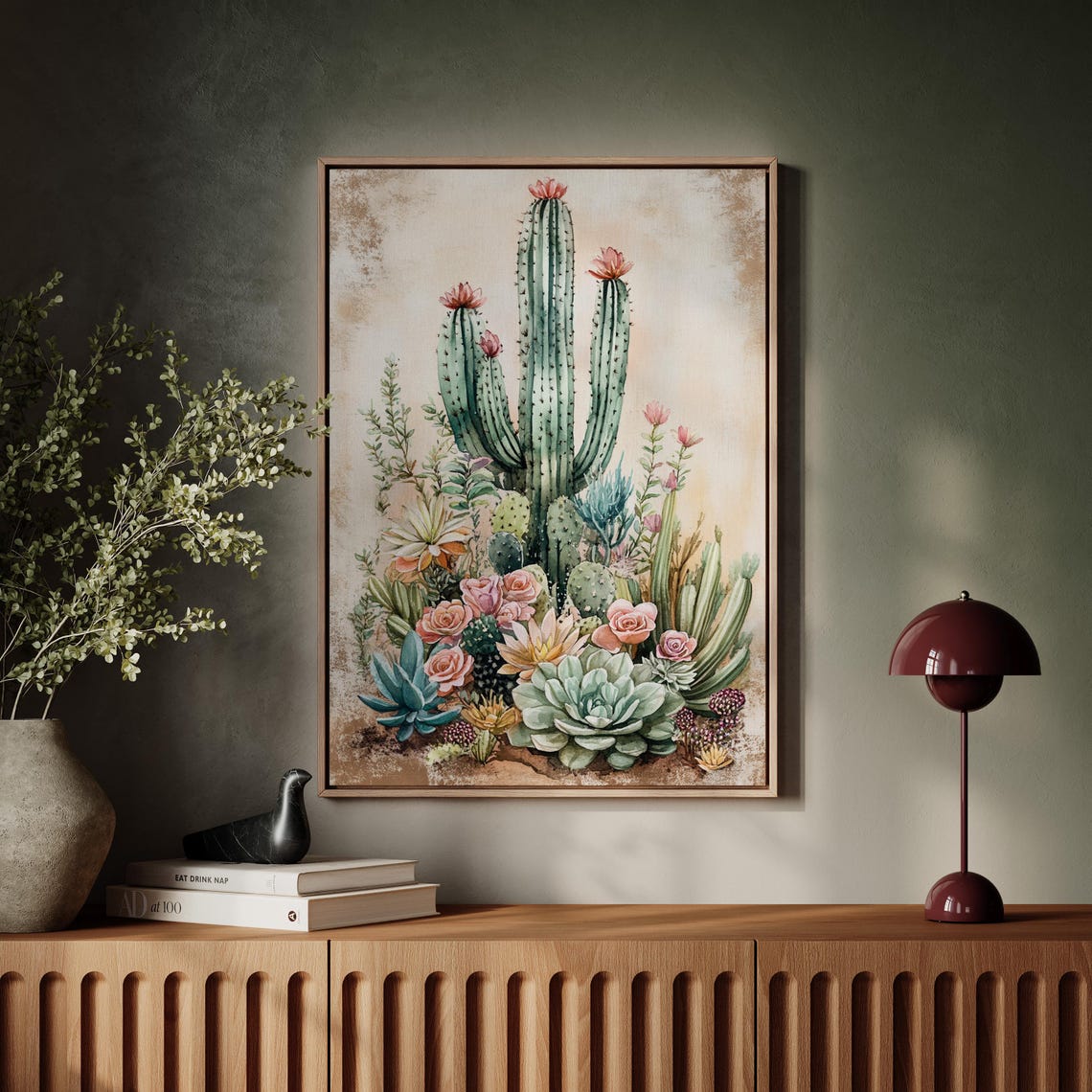 Blooming Cactus Garden Watercolor Pink Floral Botanical Art Poster