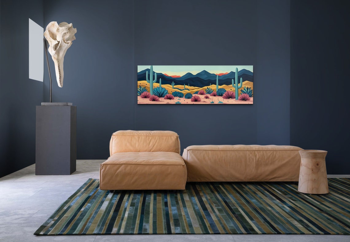 Panoramic Desert Cactus Colorful Pink Blue Modern Decor Wall Art - Image 6