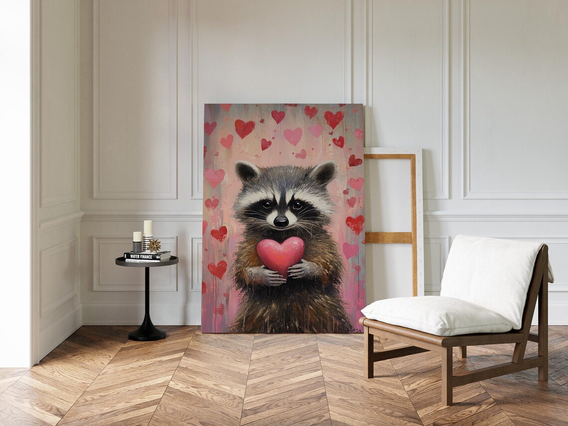Whimsical Raccoon Holding A Heart, Romantic Decor - Image 4