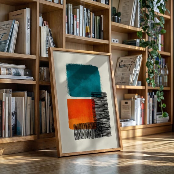 Modern Abstract Canvas Teal And Orange Blocks With Line Texture