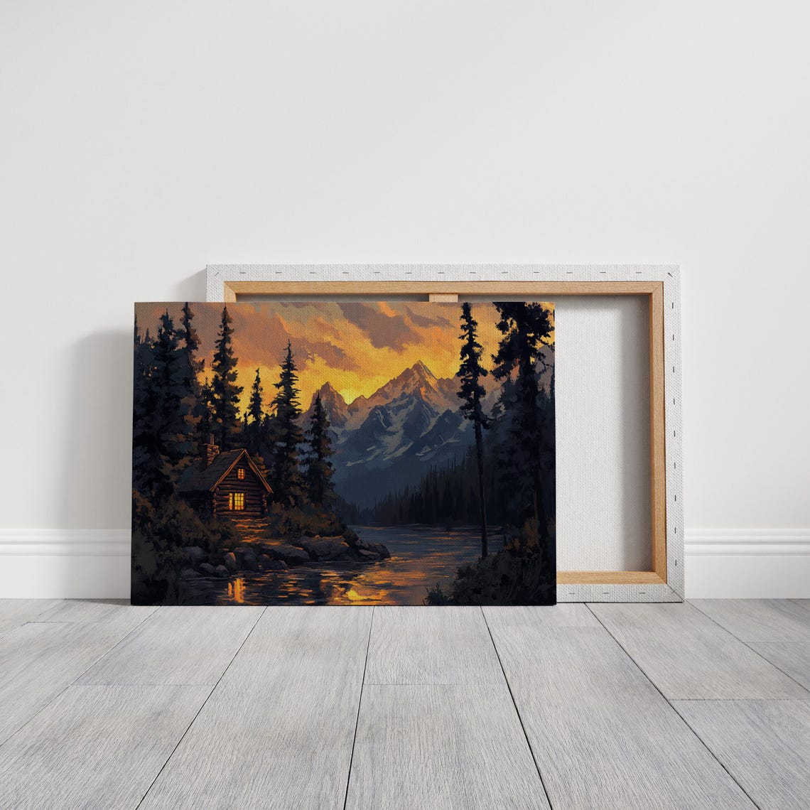 Cozy Cabin Sunset Mountain Lake Wall Art Rustic Lodge Decor Wilderness Nature Print Glowing Sunset Landscape Painting - Image 2