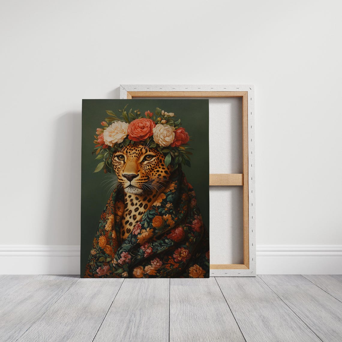 Majestic Leopard With Flower Crown And Floral Wrap Dark Green Poster - Image 3