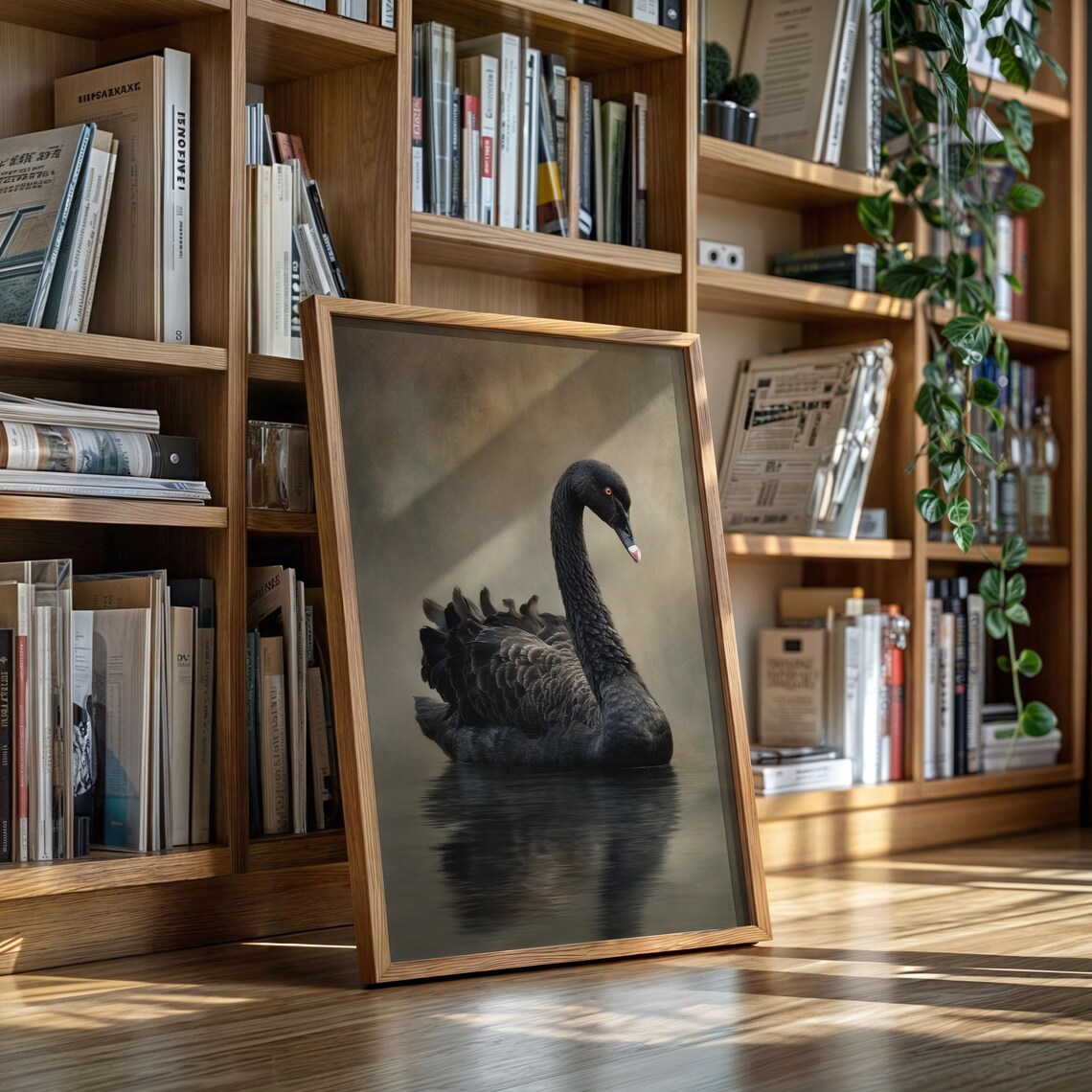 Majestic Black Swan On Calm Water Moody Painterly Wildlife Poster