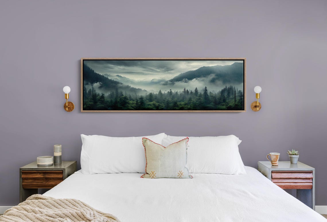 Misty Mountain Forest in Soft Morning Fog Panoramic Art Poster - Image 4