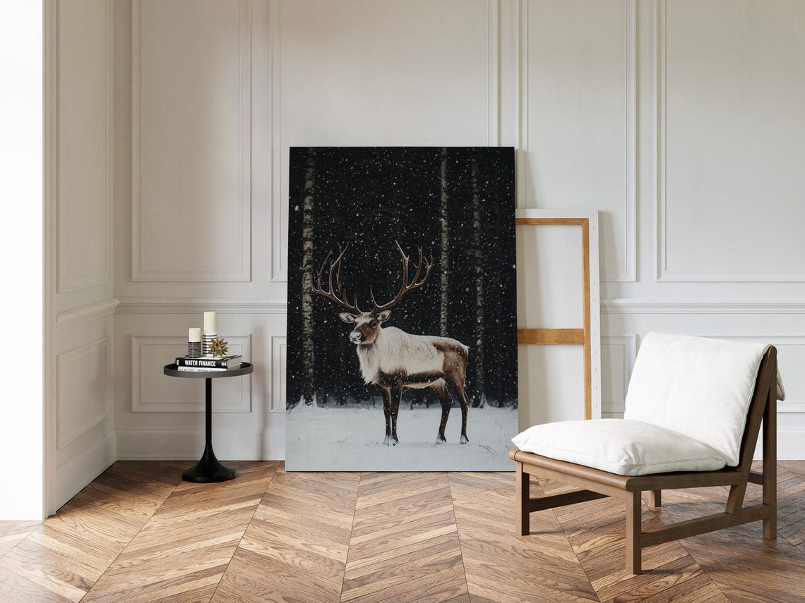 Reindeer Standing in Snowy Night Forest Winter Wildlife Poster - Image 3