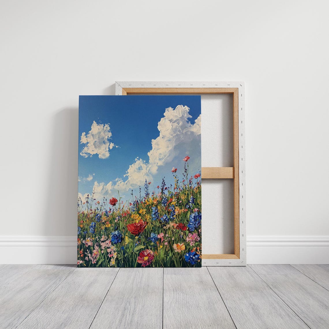 Colorful Wildflower Field Blue Sky Billowing Clouds Summer Poster - Image 2