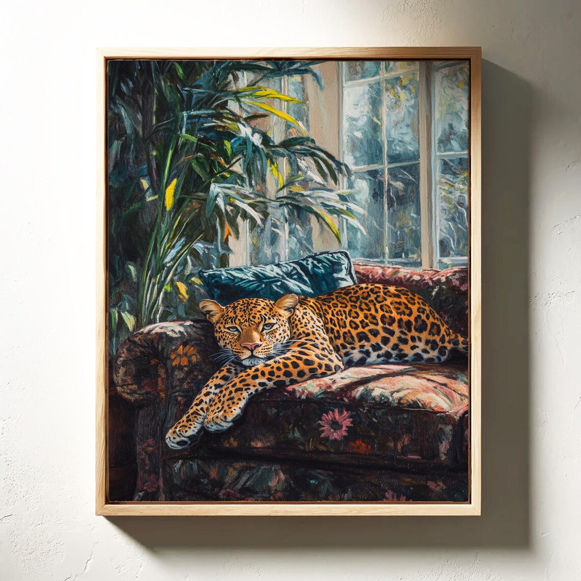 Elegant Leopard On Floral Couch, Boho Jungle Decor - Image 6