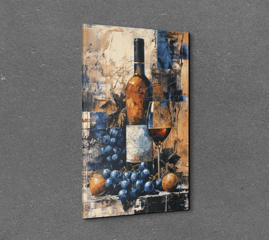 Amber Wine Bottle Grapes Glass Abstract Oil Still Life Poster - Image 5