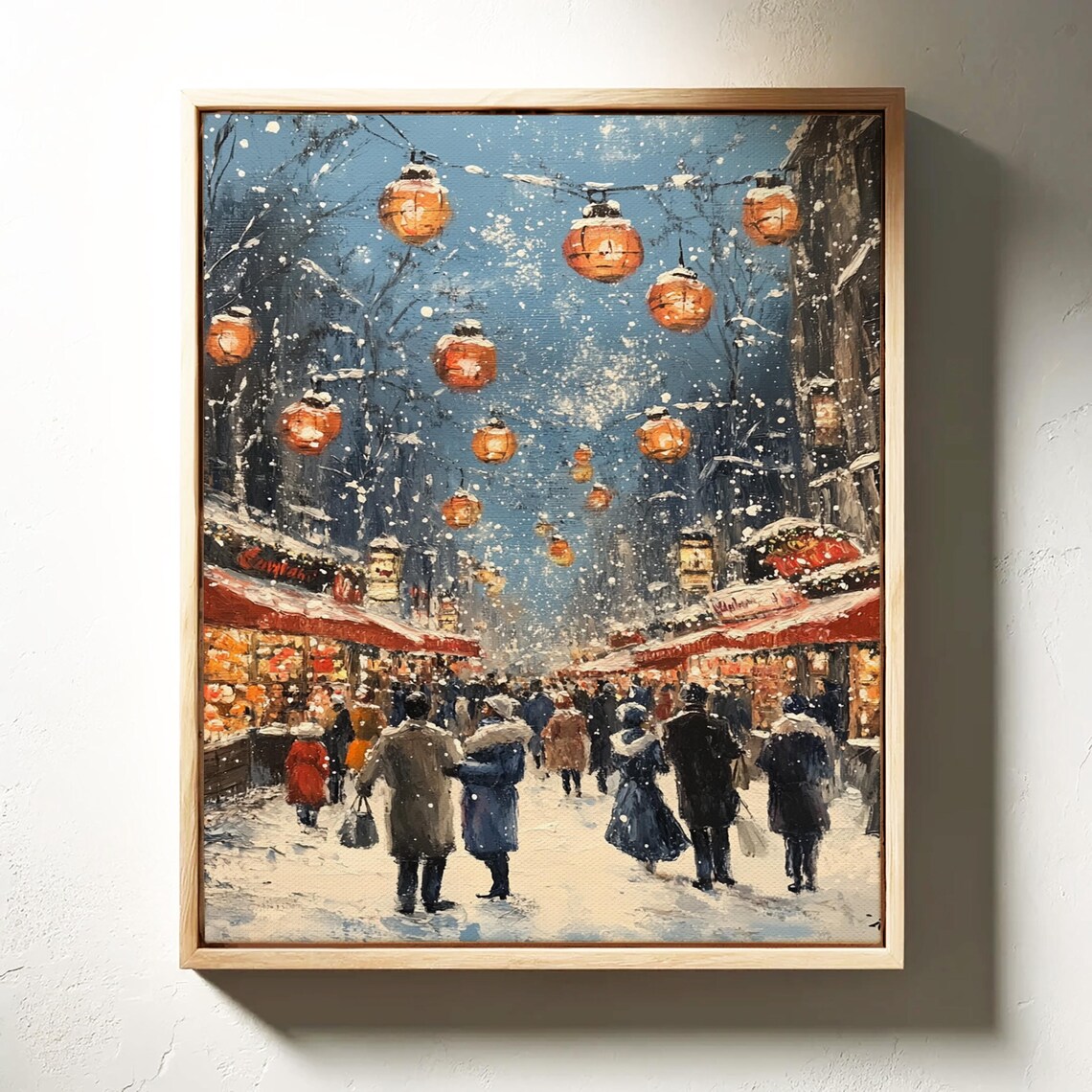 Snowy Christmas Market Street Festive Winter Night Lanterns Poster - Image 4