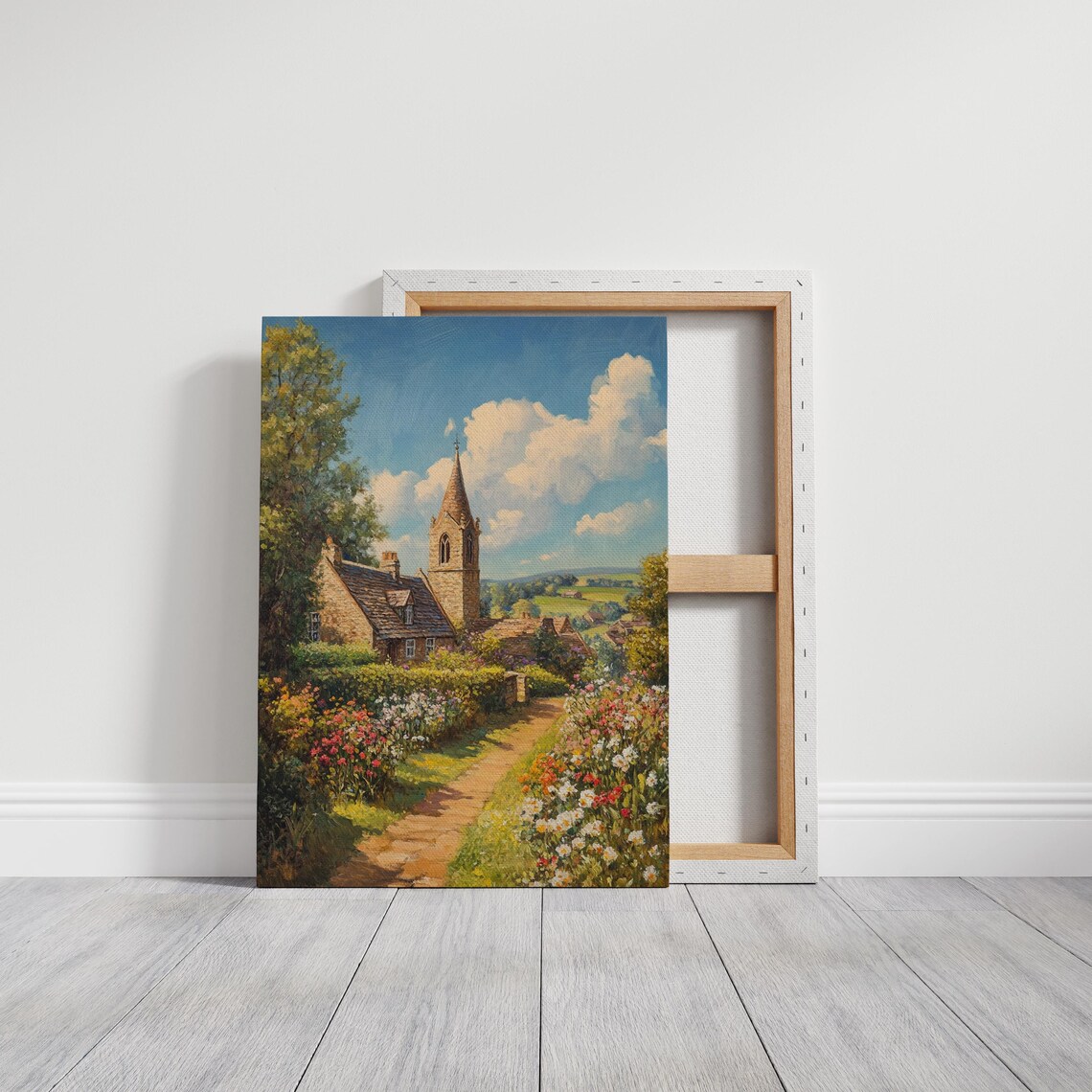 Idyllic Countryside Church Garden Path Vibrant Floral Scene Poster - Image 3