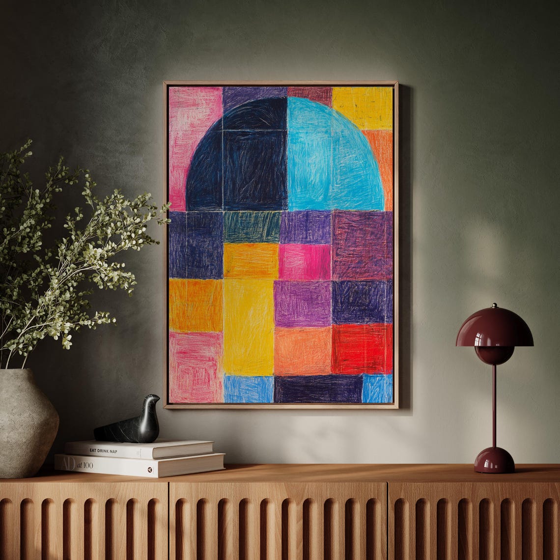 Colorful Geometric Block Grid Mid Century Modern Abstract Poster