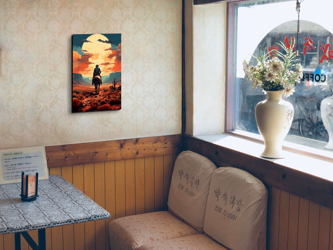 Cowboy Riding Toward Giant Moon Through Desert Canyon Art Poster - Image 7