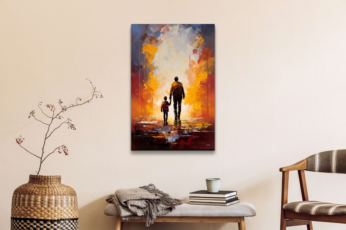 Father And Son Silhouettes Walking In Abstract Watercolor Poster - Image 5