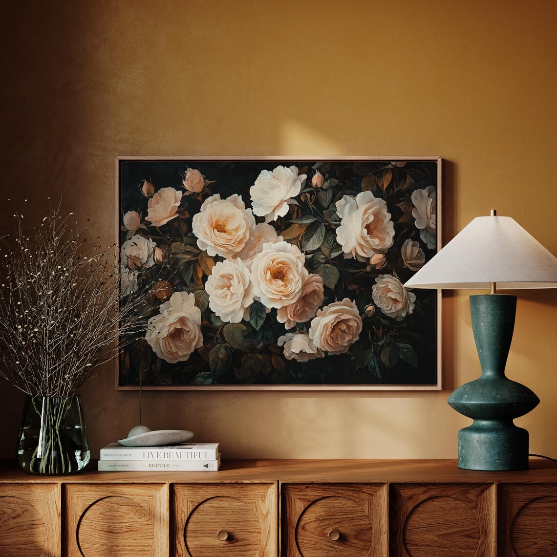 Cream Roses Abundant Blooms On Black Vintage Dark Floral Poster - Image 6