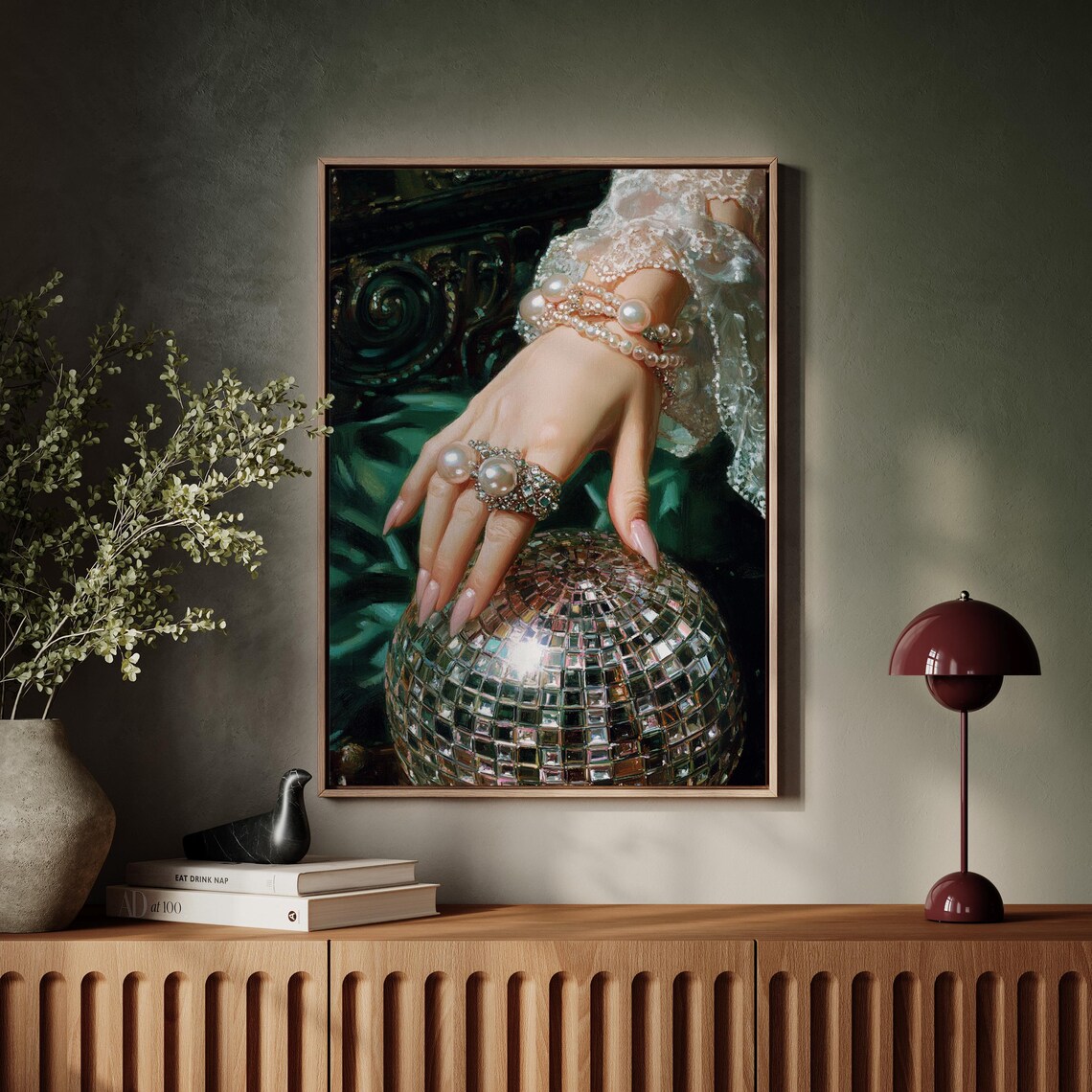 Pearl Jeweled Hand Resting On Glittering Disco Ball Dark Emerald Poster - Image 4