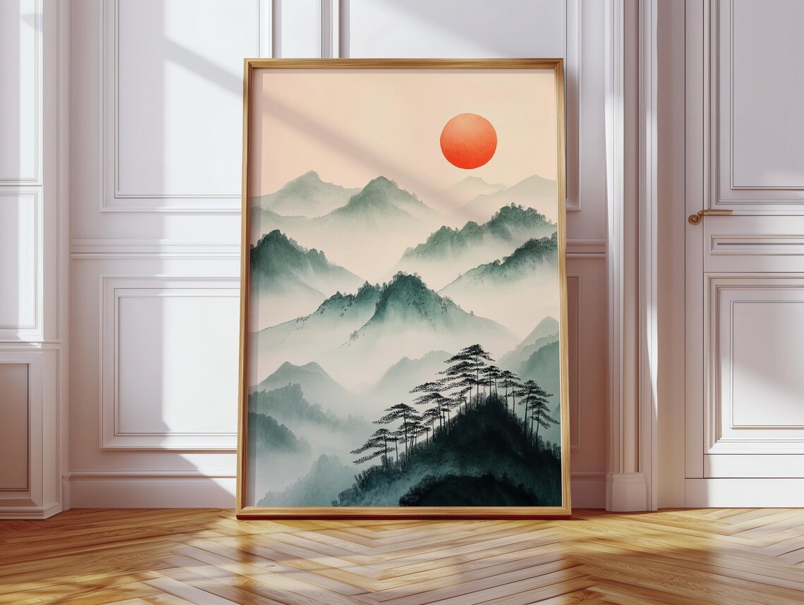 Japanese Sumi-E Mountain Print, Red Sun Landscape