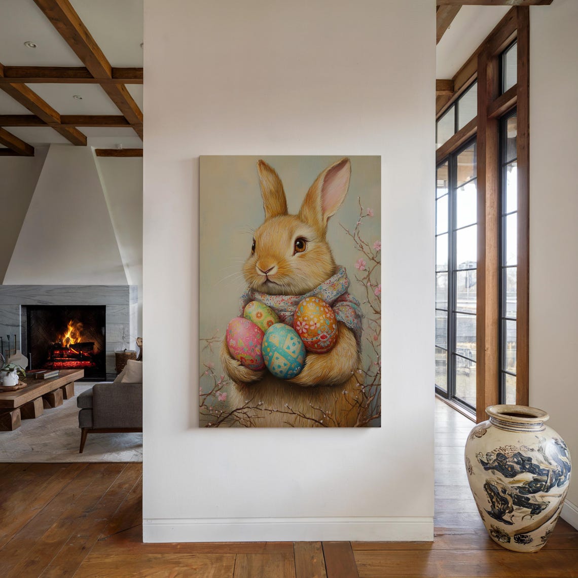 Golden Bunny Holding Painted Easter Eggs With Cherry Blossoms Wall Art - Image 6