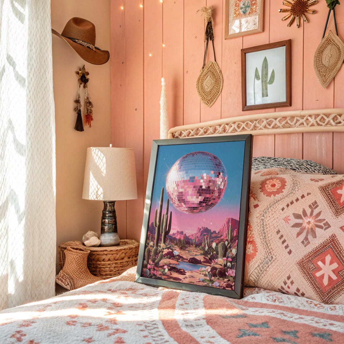 Desert Disco Ball Giant Mirror Ball Over Cactus Sunset Art Poster
