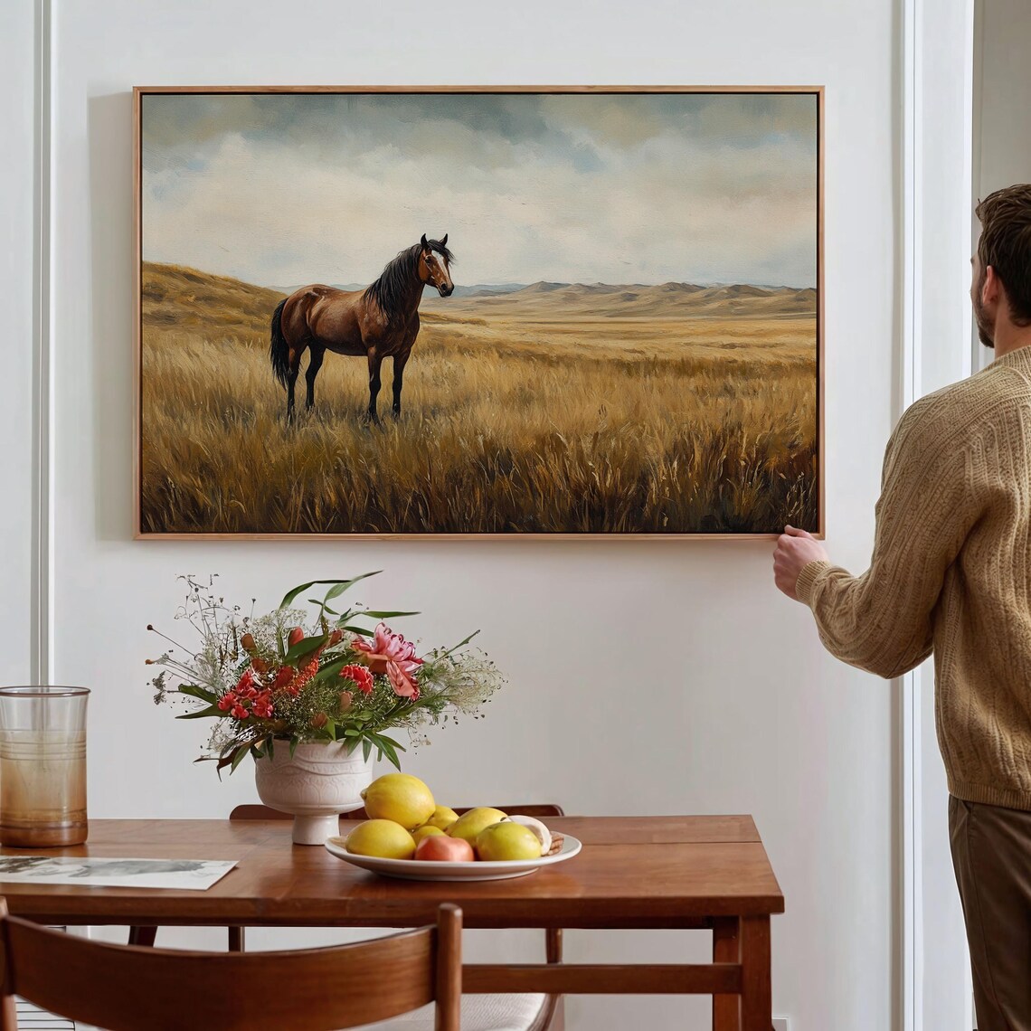 Solitary Wild Horse in Tall Golden Prairie Grass Landscape Poster - Image 2