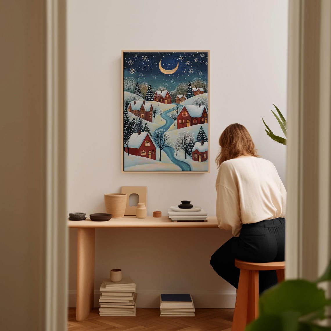 Cozy Snowy Village Winter Night Crescent Moon Starry Sky Poster - Image 4