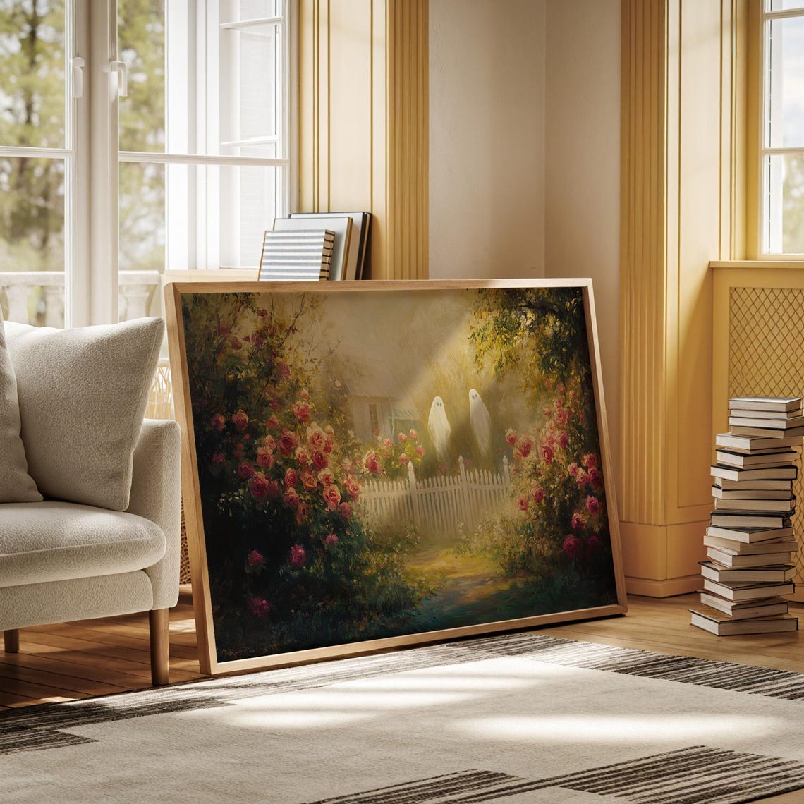Ghosts in the Rose Garden Whimsical Halloween Art Painting Poster - Image 2