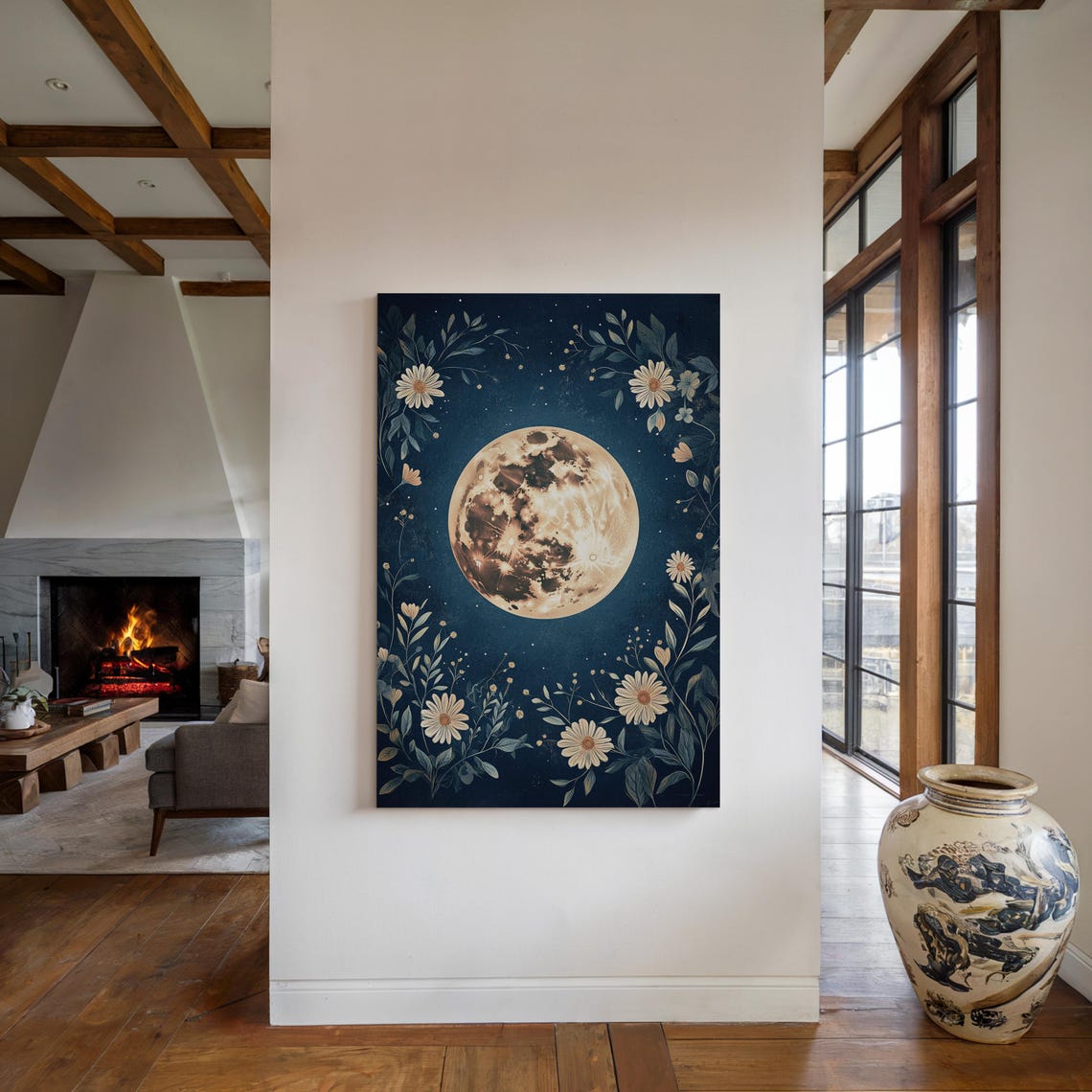 Full Moon Teal Night Sky Daisy Botanical Celestial Art Poster - Image 6