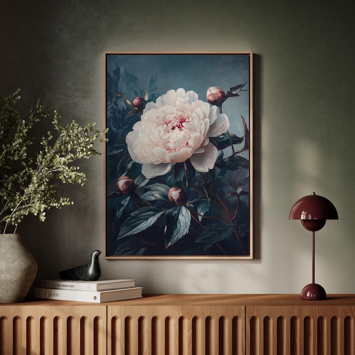 Elegant White Peony Bloom Vintage Botanical Dark Blue Wall Art - Image 4