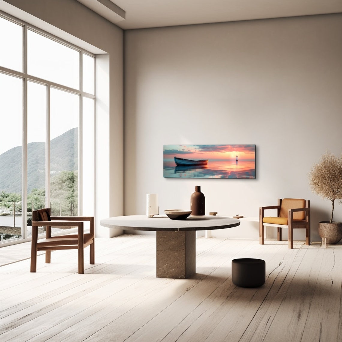 Rowboat Floating on Mirror Calm Sea at Pink Sunset Panoramic Poster - Image 6