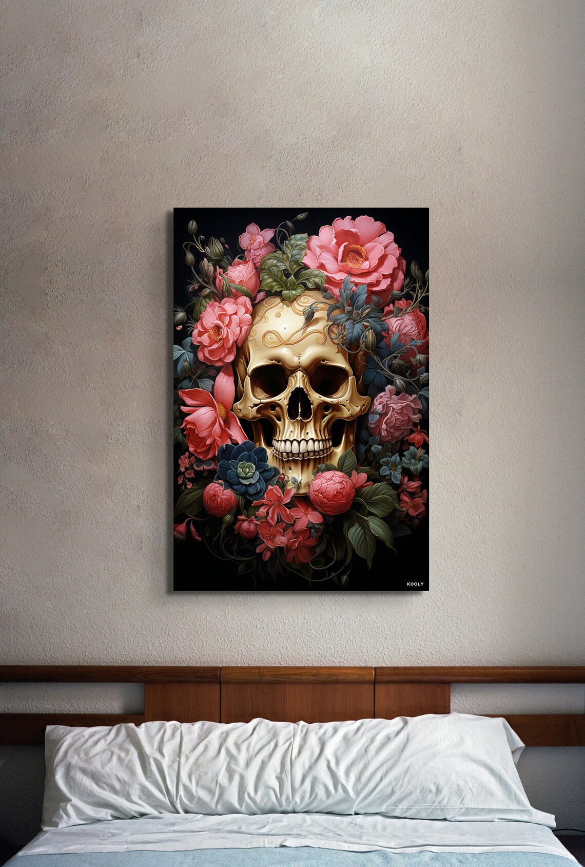 Golden Skull With Pink Flowers Day Of The Dead Gothic Art Poster - Image 2