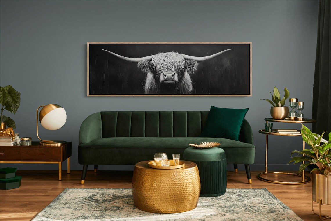 Highland Cow Black and White, Minimalist Farmhouse Art Print