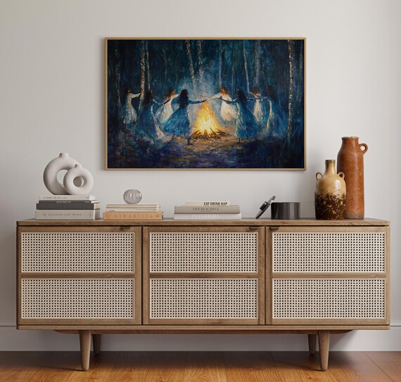 Mystical Women Dancing Around Bonfire In Enchanted Forest Under Moonlight Witchy Pagan Ritual Canvas Wall Art Painting
