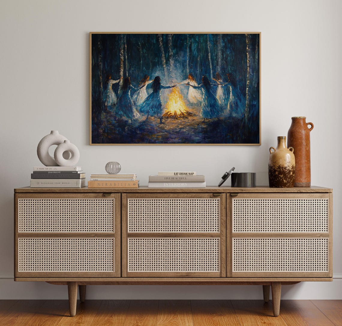 Women Dancing Around Bonfire Moonlit Forest Witchy Art Poster