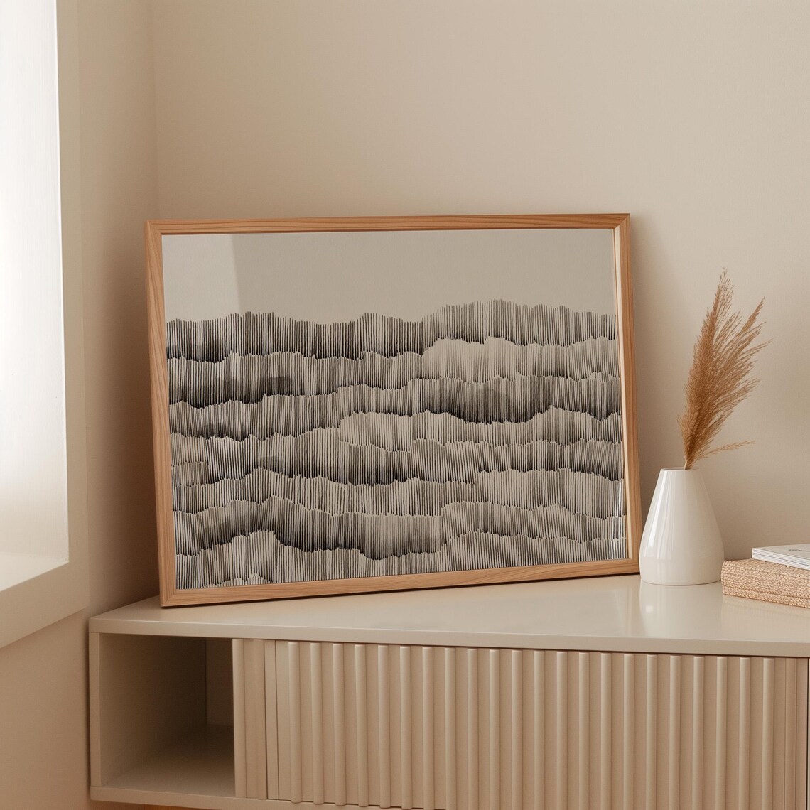 Black and White Linear Wave Pattern Abstract Minimalist Line Art Poster