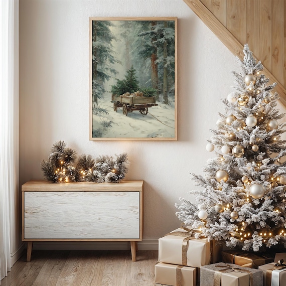 Wooden Wagon Carrying Christmas Tree Through Snowy Forest Poster