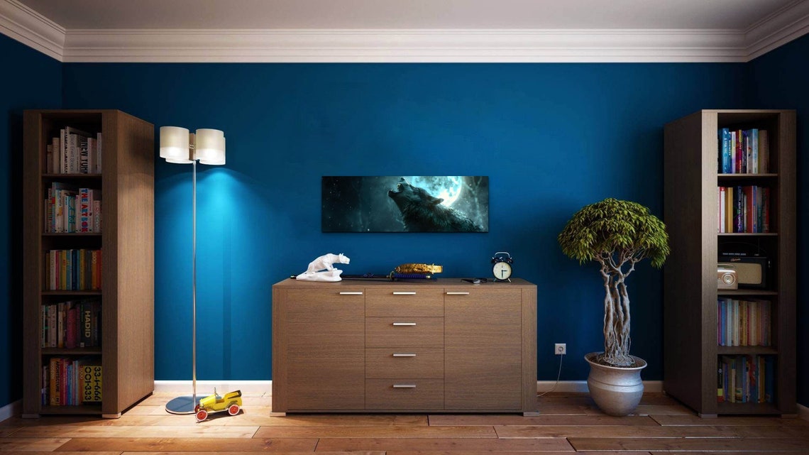 Wolf Howling at Full Moon in Teal Night Wilderness Panorama Wall Art - Image 3