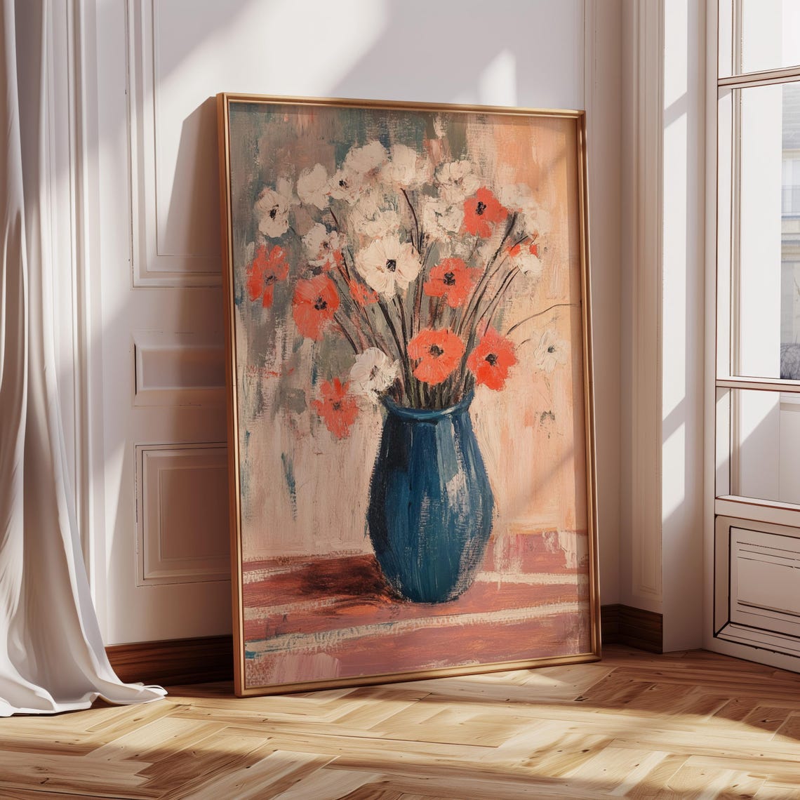 Red Poppies in Blue Vase Impressionist Floral Still Life Poster - Image 5