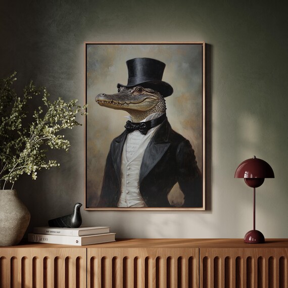 Gentleman Alligator In Top Hat And Bow Tie Vintage Portrait Wall Art