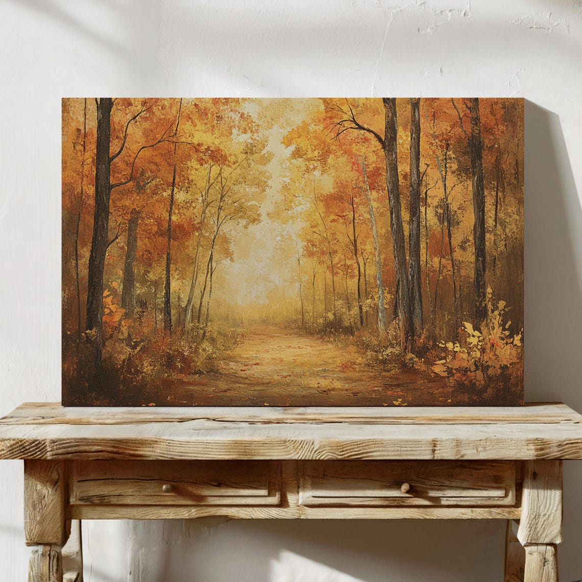 Golden Autumn Forest Path Lined With Orange Trees Vintage Wall Art - Image 3