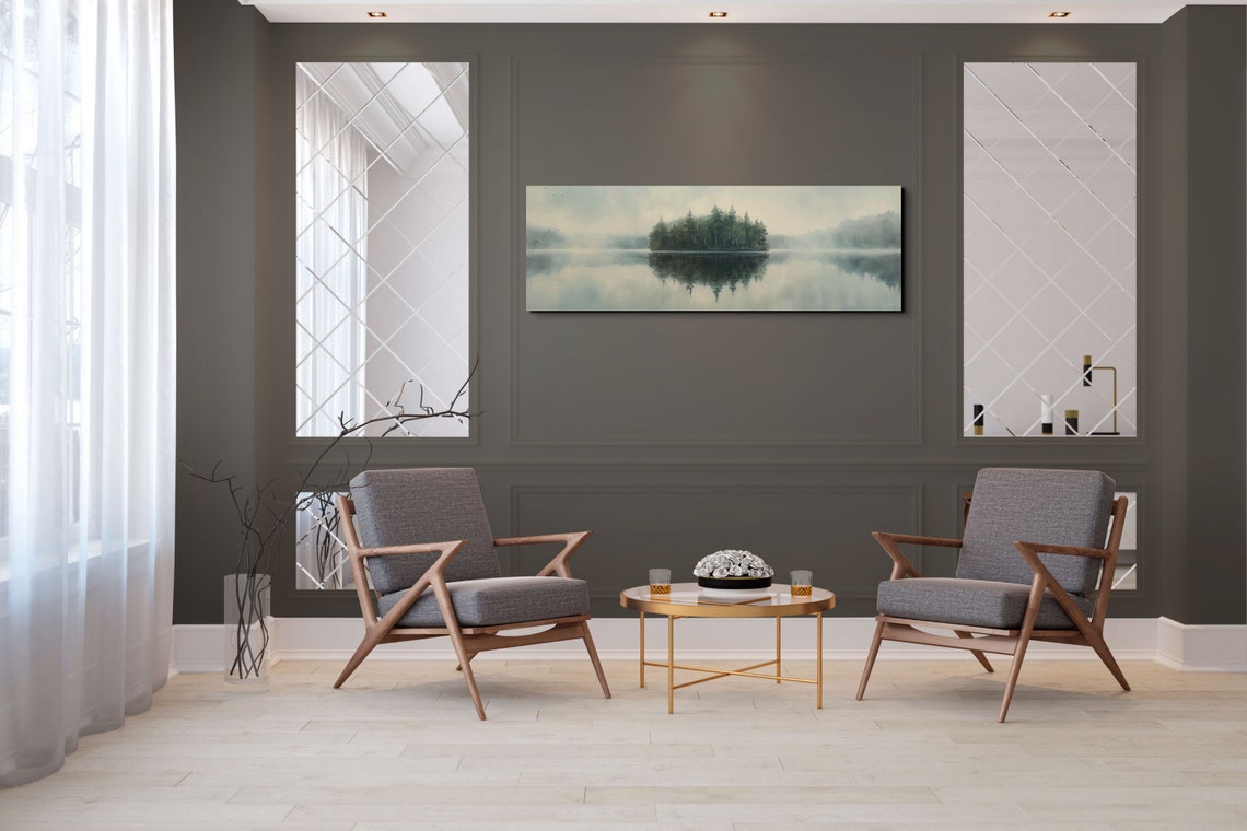 Dark Moody Foggy Lake With Forest Island Panoramic Art Poster - Image 4
