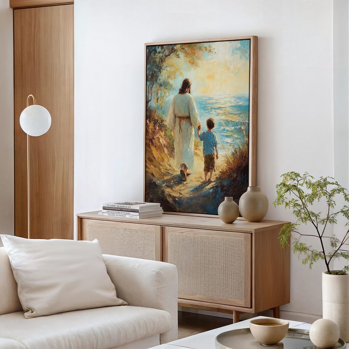 Jesus Holding a Boy's Hand Walking Toward the Sea at Sunset Poster - Image 5