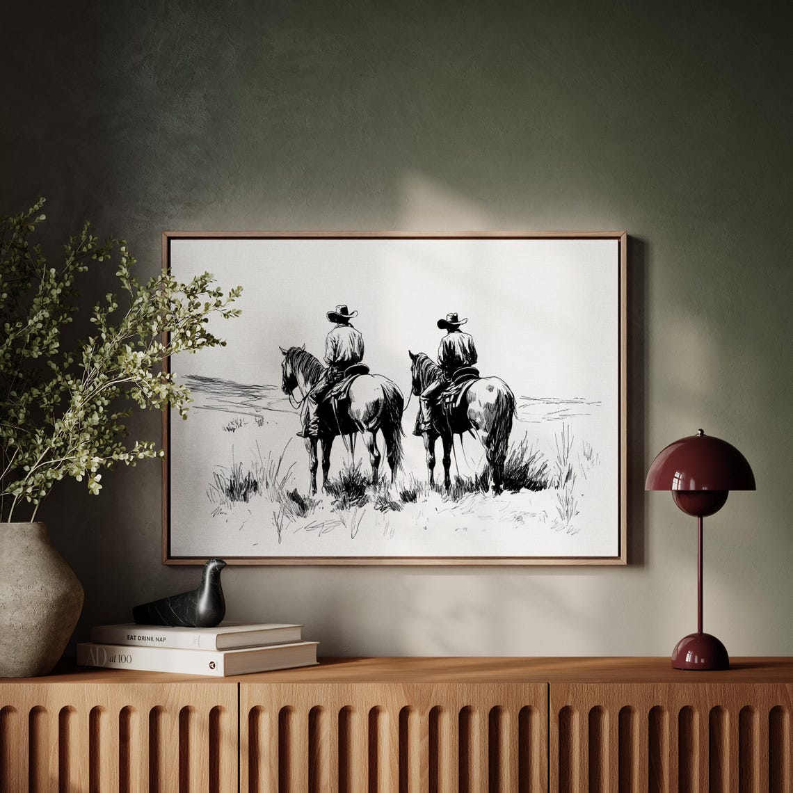Cowboys On Horseback Line Art Western Ranch Decor Black And White Cowboy Drawing Rustic Wall Art Print - Image 4