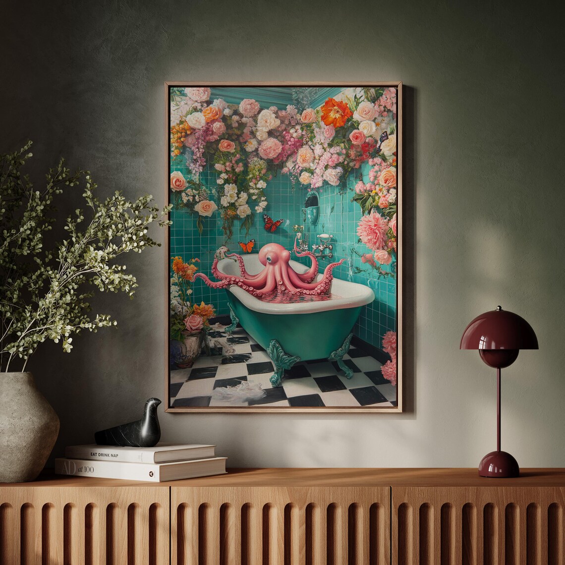 Whimsical Octopus In Floral Bathroom Surreal Art Print - Image 7
