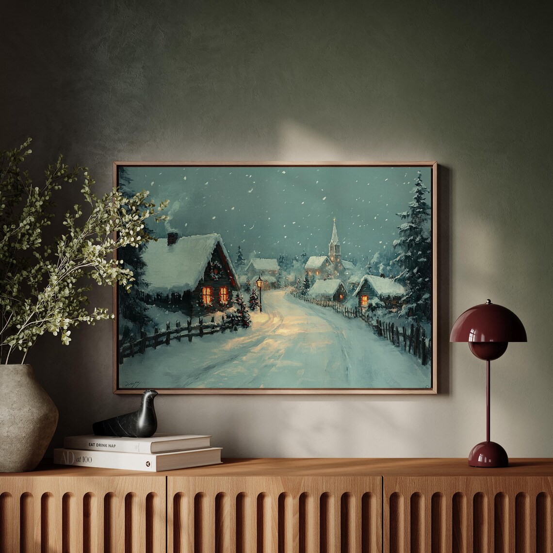 Snowy Village Dusk Glowing Cottage Windows Church Holiday Poster