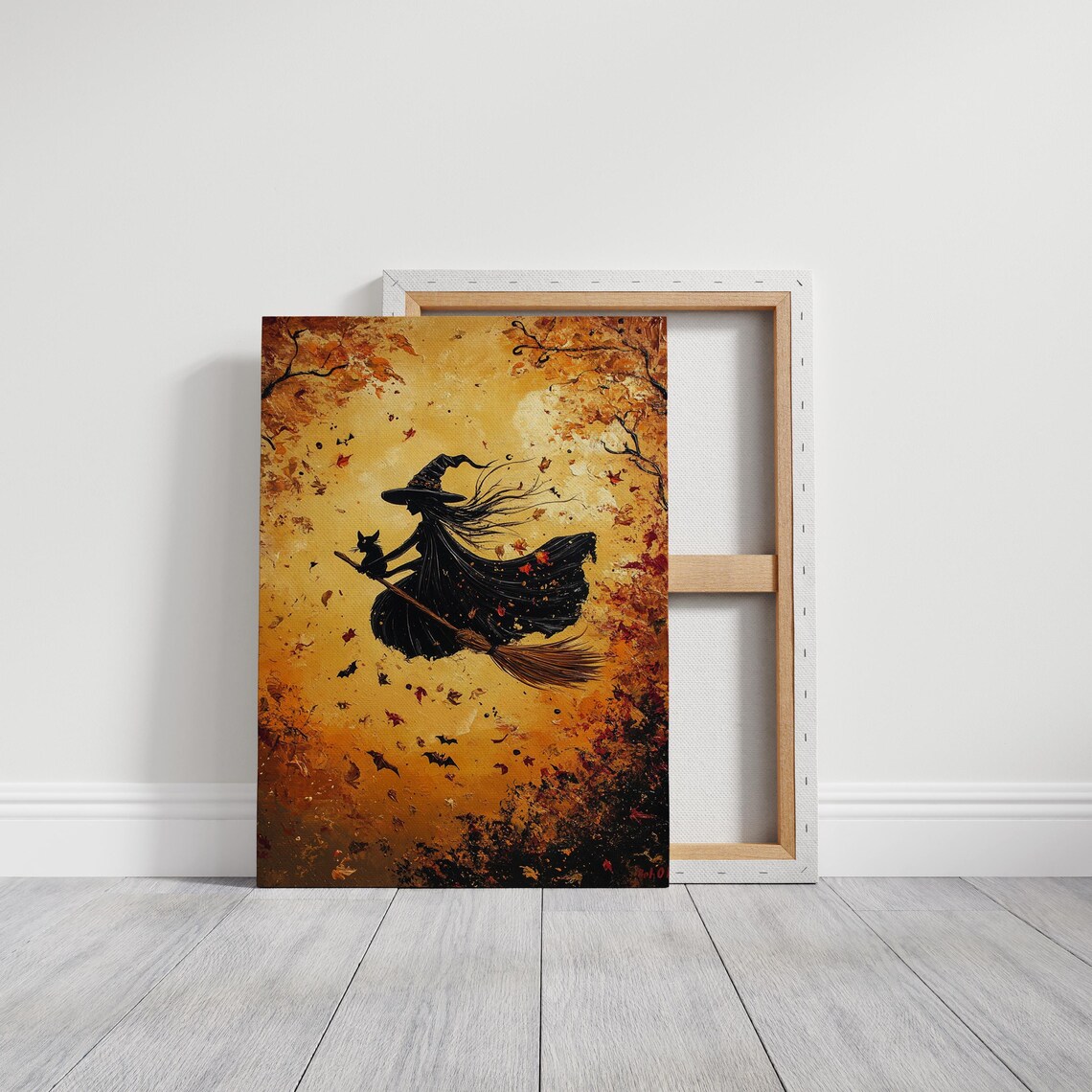 Witch Silhouette Broomstick Black Cat Autumn Gold Bats Halloween Poster - Image 2