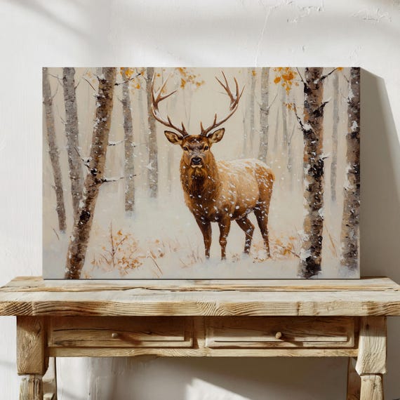 Majestic Elk In Snowy Birch Forest Winter Wildlife Oil Painting For Rustic Cabin Lodge Or Natureinspired Wall Dcor