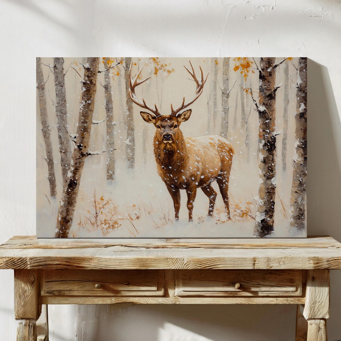 Majestic Bull Elk in Snowy Birch Forest Winter Wildlife Poster