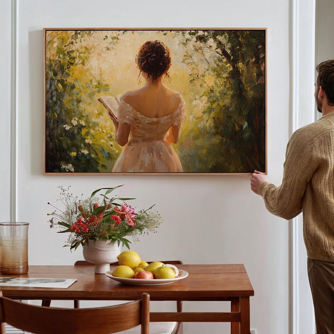 Romantic Woman Reading in Sunlit Garden Vintage Oil Painting Poster - Image 4