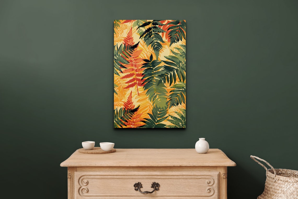 Autumn Fern Leaves Pattern Orange Green Botanical Wall Print - Image 4